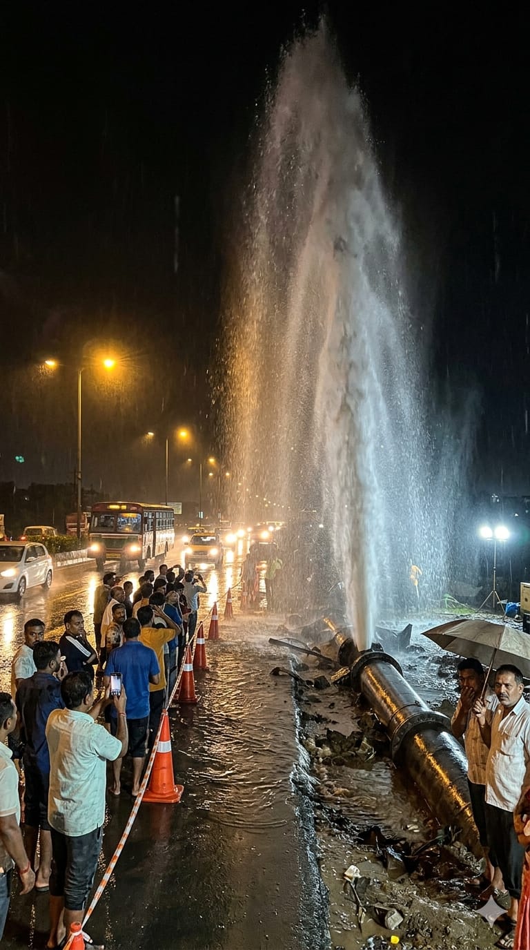 विरारमध्ये सूर्या धरणाची मुख्य पाईपलाइन फुटली; ३०-४० फूट उंच पाण्याचे फवारे, लाखो लिटर पाणी वाया AI Generated Image